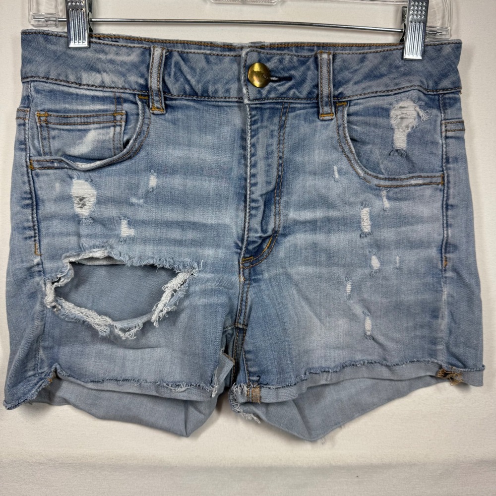 American Eagle Hi-Rise‎ Shortie Denim Shorts Distressed Ripped Blue Sz 8